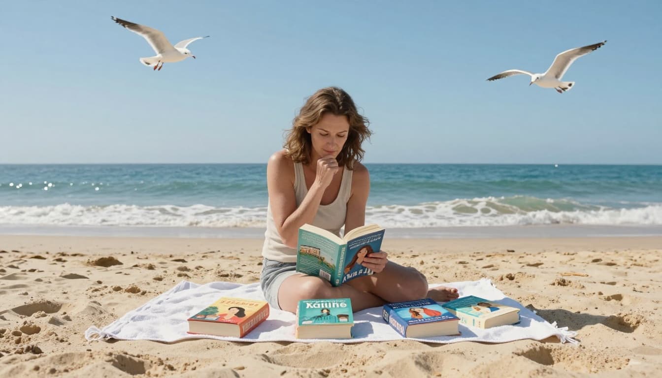 Hyperrealistic cinematic landscape of a woman in her 40s on a sunny beach towel thoughtfully examining covers of three beach-town women's fiction novels, with ocean waves, seagulls, golden sand, and bright blue sky.