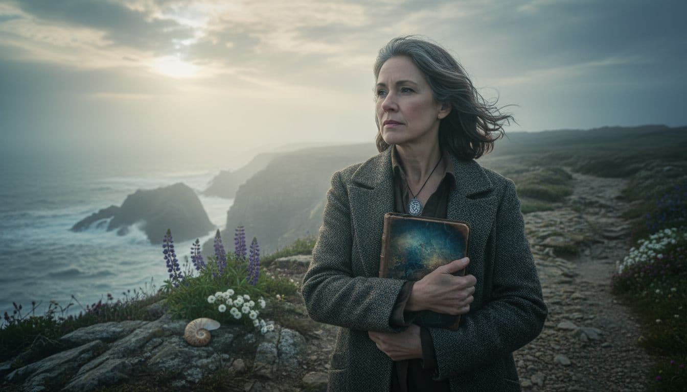 Hyperrealistic cinematic scene of a middle-aged woman walking thoughtfully along a foggy coastal cliff path at early dawn, clutching a worn book with shadowy mystery in the mist, vintage locket, wildflowers, seashell, and turbulent ocean waves below.