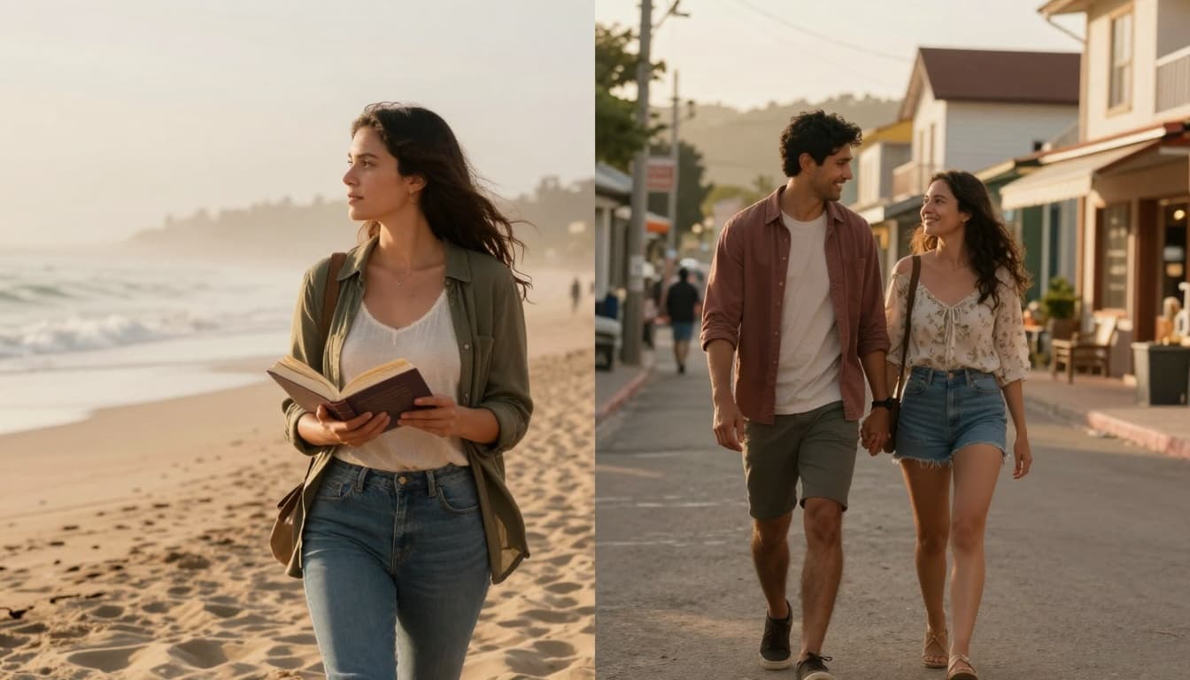 Hyperrealistic cinematic split composition: left, a thoughtful woman in her 30s walks misty beach holding open book gazing horizon; right, happy couple in 20s holds hands on sunny quaint small-town street with shops, golden hour lighting contrasts solitude and romance.