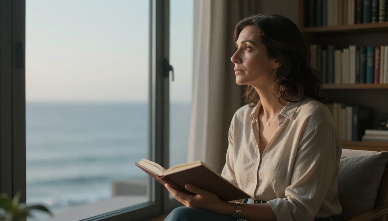 Hyperrealistic cinematic portrait of a woman in her 40s sitting thoughtfully by a window overlooking the ocean, holding a journal in soft morning light, with a cozy room and bookshelves in the background.