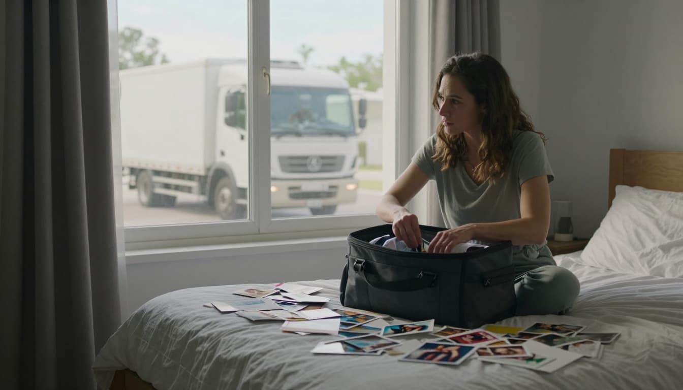 Hyperrealistic cinematic portrait of a woman thoughtfully packing a small bag in a sunlit bedroom, looking out the window at a moving truck with an expression of resolve after loss. Scattered photos and letters on the bed convey a hopeful yet poignant mood symbolizing the search for a new family.