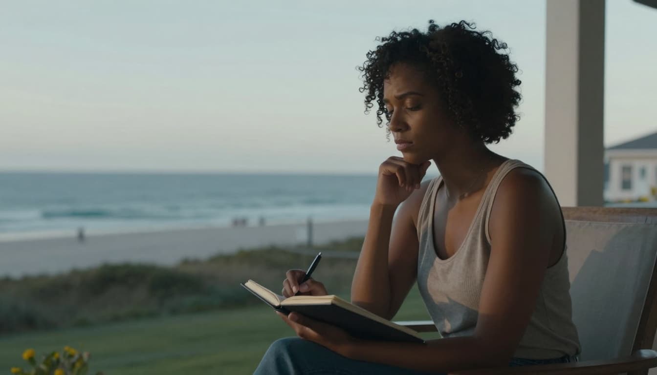 Hyperrealistic cinematic portrait of a woman sitting on a porch, deeply pondering with notebook and pen in hand, overlooking the ocean during a relaxed coastal evening, wide landscape shot including beach.