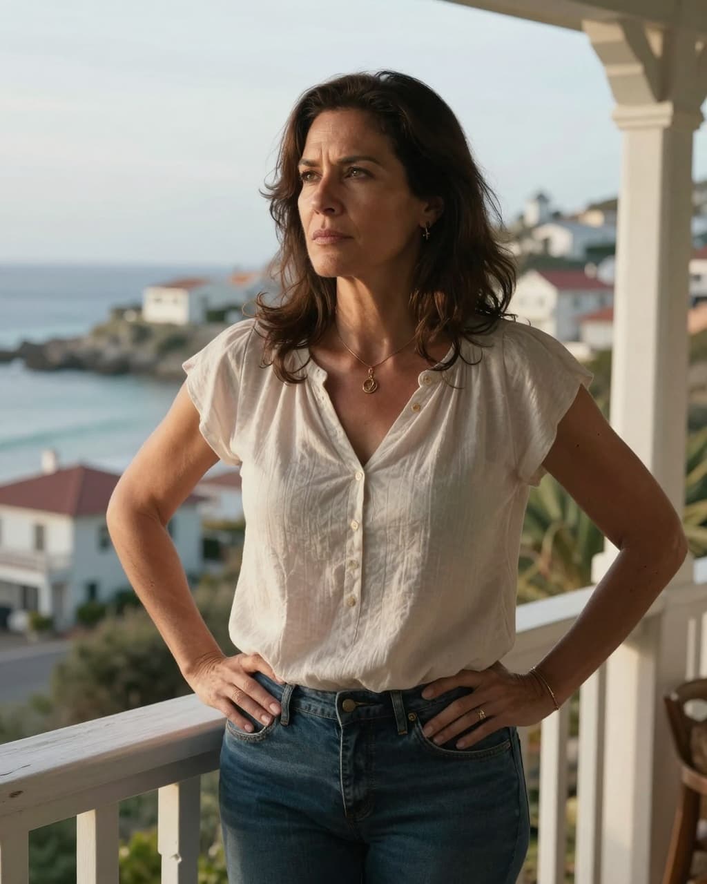 Hyperrealistic cinematic portrait of a capable honest woman in her 40s standing confidently on a porch overlooking the sea in a cozy coastal town, with a thoughtful self-respecting expression, hands on hips, in soft morning light.