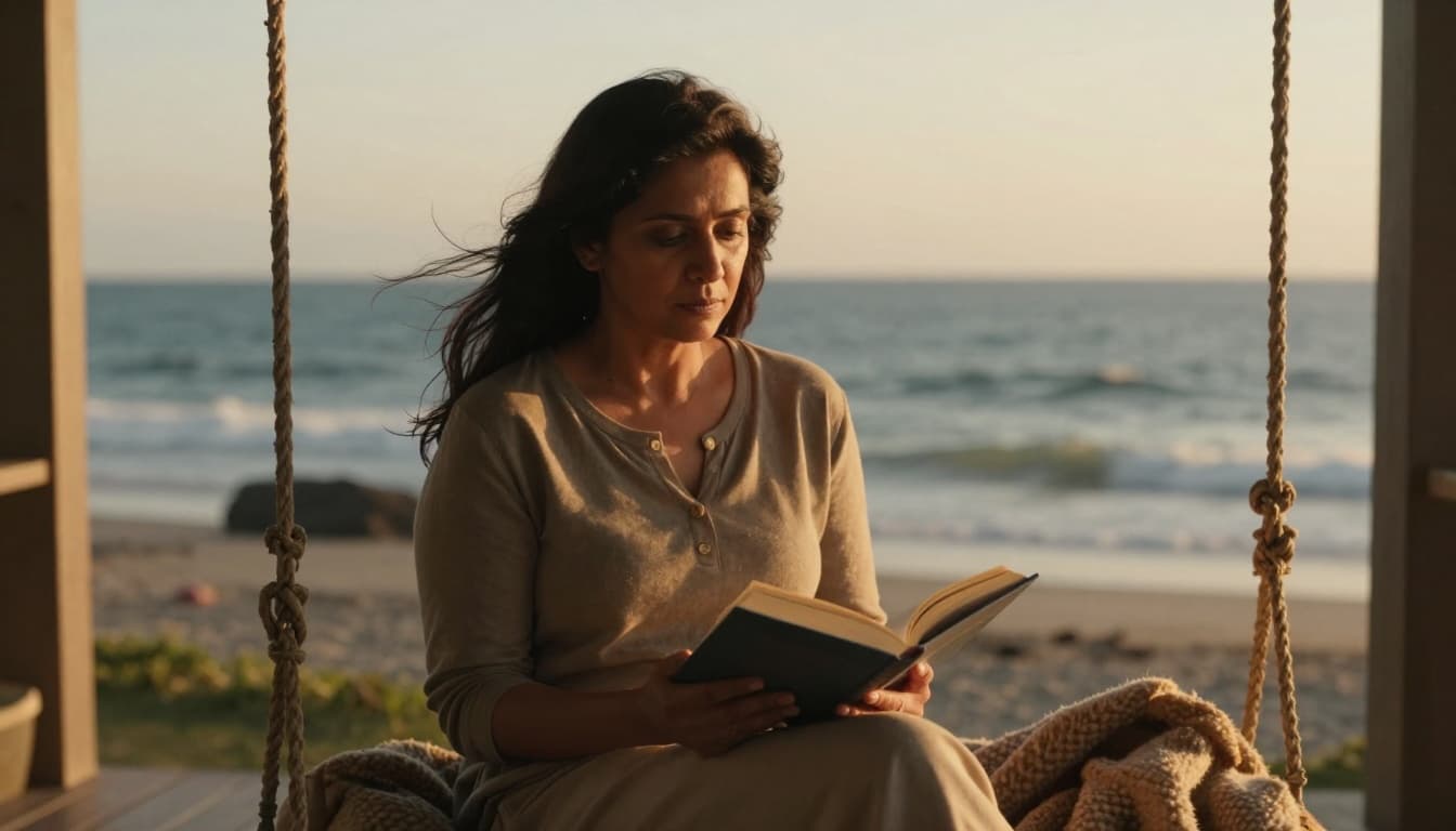 A thoughtful middle-aged woman sits on a porch swing overlooking the ocean at sunset, holding an open book with a deeply reflective expression, her hair gently ruffled by the sea breeze, cozy blanket nearby.
