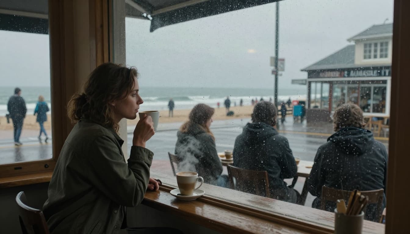 Hyperrealistic cinematic view through a coffee shop window in a small beach town on a rainy day, showing a woman sipping coffee thoughtfully while looking out at the ocean across the street.
