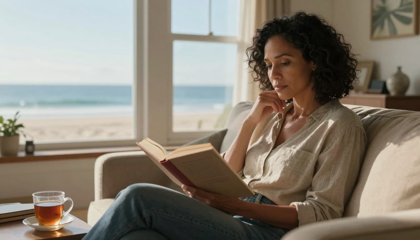A woman in her 40s sits on a cozy couch in a beach house living room, holding an open book and looking thoughtful with a cup of tea nearby. Sunlight streams through large windows overlooking the ocean, with coastal decor in the background.