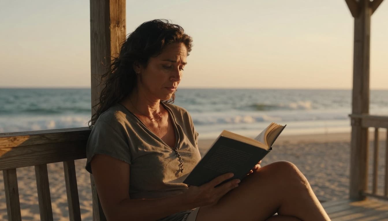 Hyperrealistic cinematic image of a middle-aged woman deeply engrossed in reading a book on a cozy beach house porch at sunset, with ocean waves, warm golden light, and a serene mood.