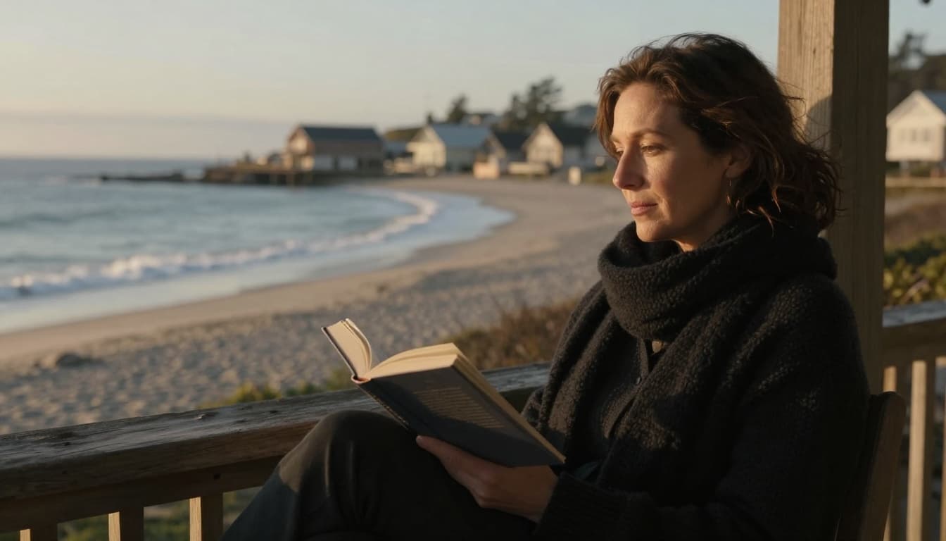 A thoughtful woman in her 40s sits on a wooden porch overlooking a serene coastal beach town at golden hour, holding an open book in her lap with gentle waves in the background. She wears a cozy sweater and scarf under warm lighting casting soft shadows, evoking a mood of reflection and hope.