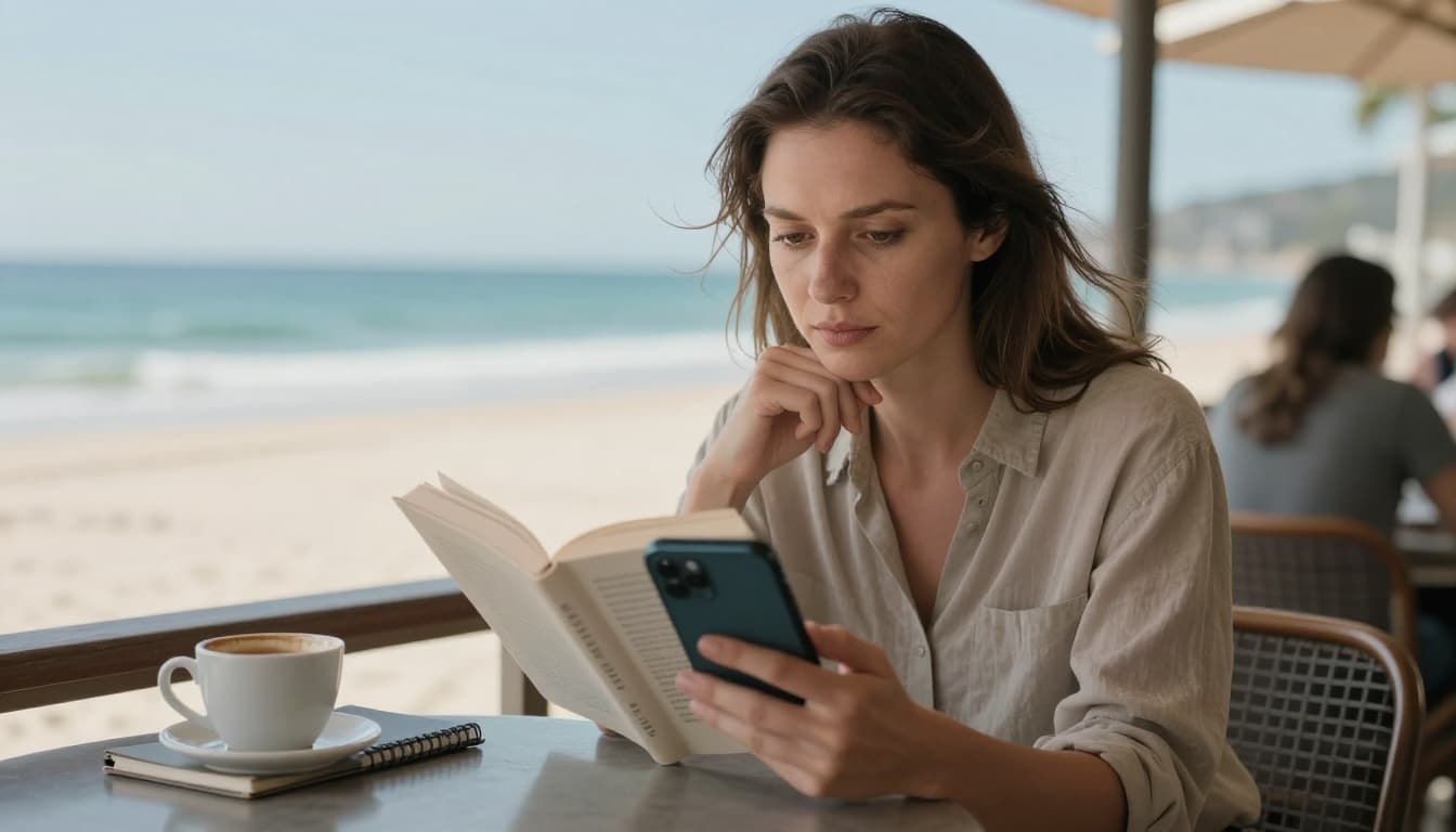 Hyperrealistic closeup of a woman in her 30s with a thoughtful expression, reading a book sample on her phone while seated at a sunny outdoor cafe table overlooking the beach. Nearby are a coffee cup and notebook, with her hair slightly tousled by the ocean breeze under bright natural daylight.