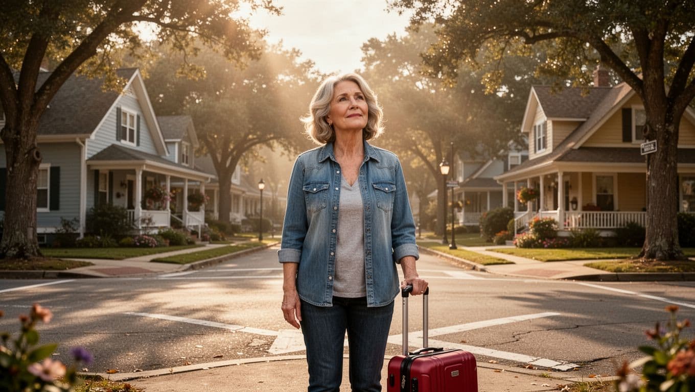 Hyperrealistic cinematic image of a middle-aged woman standing thoughtfully at a small-town street crossroads with a hopeful expression and a suitcase beside her, soft morning sunlight filtering through trees onto cozy background houses in a warm uplifting mood.