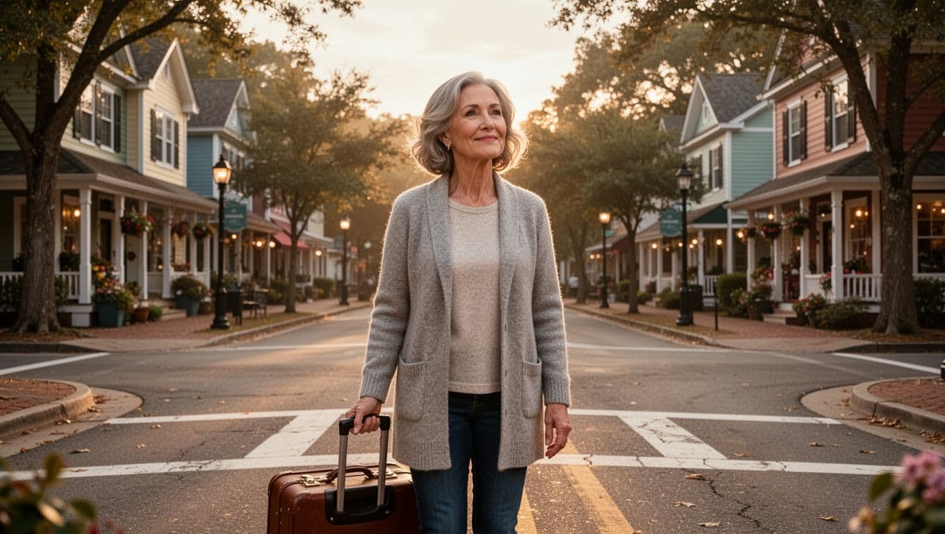 Hyperrealistic cinematic image of a middle-aged woman standing thoughtfully at a quaint small town crossroads with a suitcase in hand, looking hopeful in soft morning light amid cozy houses and trees.