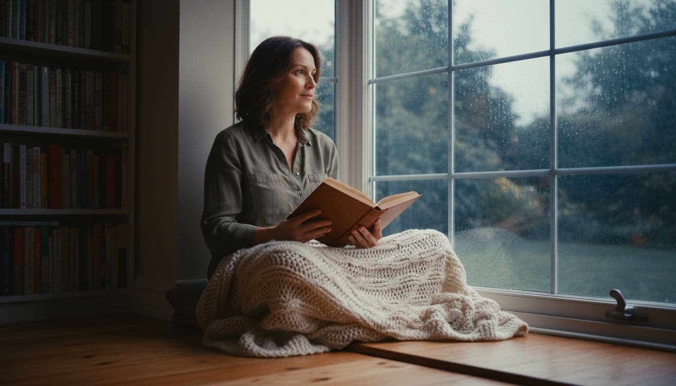 Hyperrealistic image of a thoughtful woman in her 40s sitting on a cozy window seat in a sunlit living room, gazing at a rainy garden with an open book in her lap, evoking introspection.
