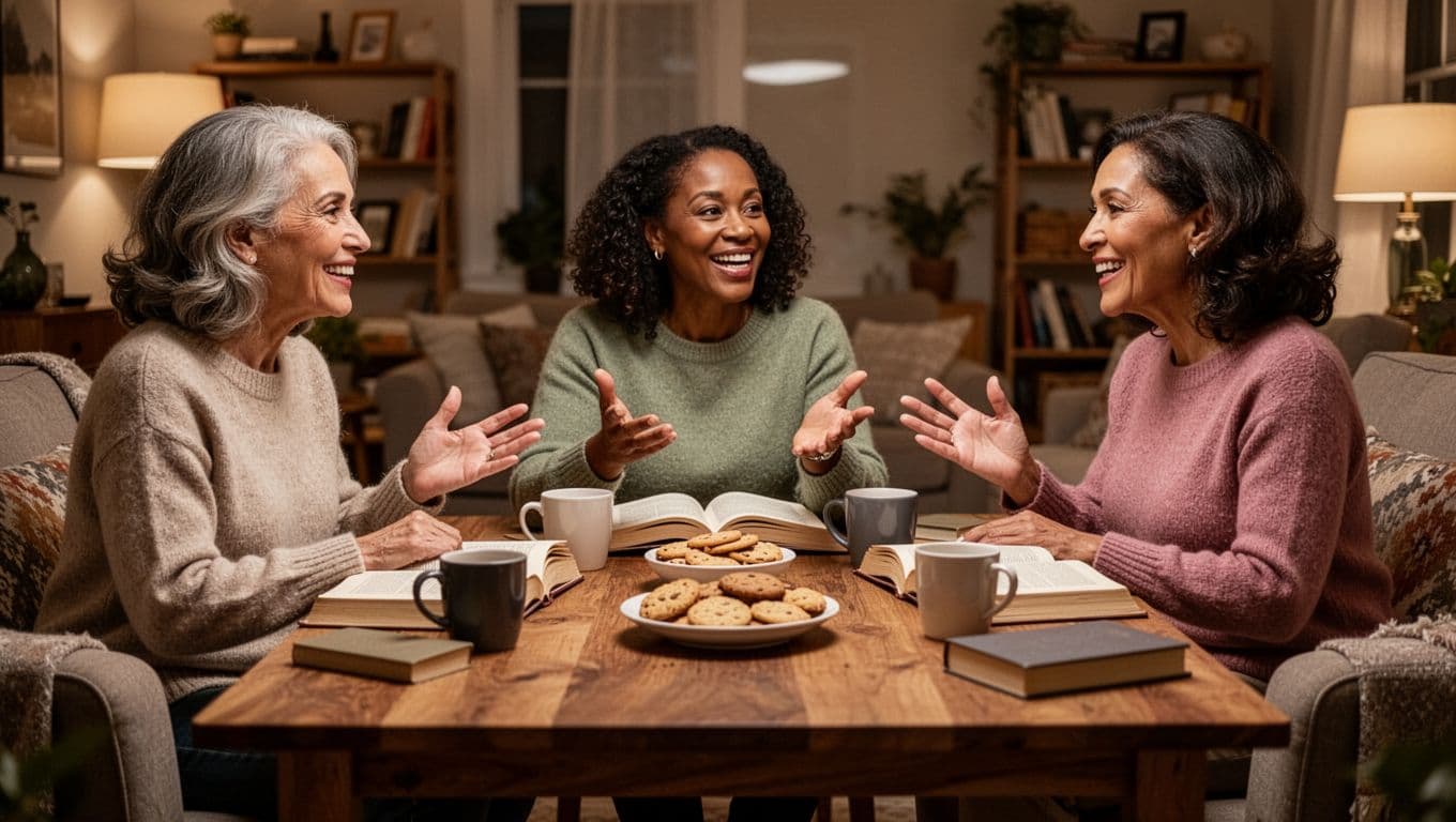 Hyperrealistic, photorealistic image of three diverse women aged 30-50 engaged in an animated book club discussion around a wooden table with open books, coffee mugs, snacks, smiles, relaxed gestures, and warm indoor lighting in a cozy home.