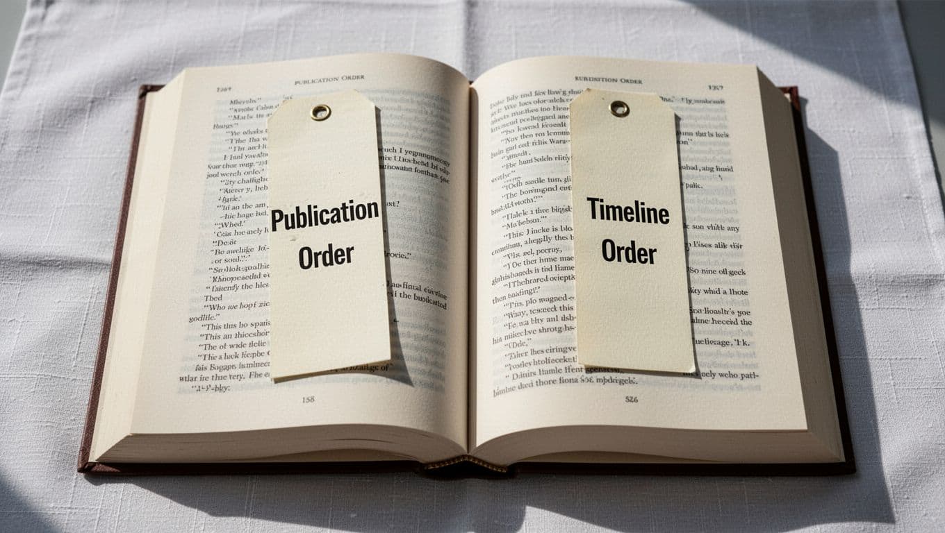 Hyperrealistic top-down view of an open paperback book on a light tablecloth, with two cream-colored paper bookmarks labeled 'Publication Order' and 'Timeline Order' in black sans-serif font, natural daylight lighting.