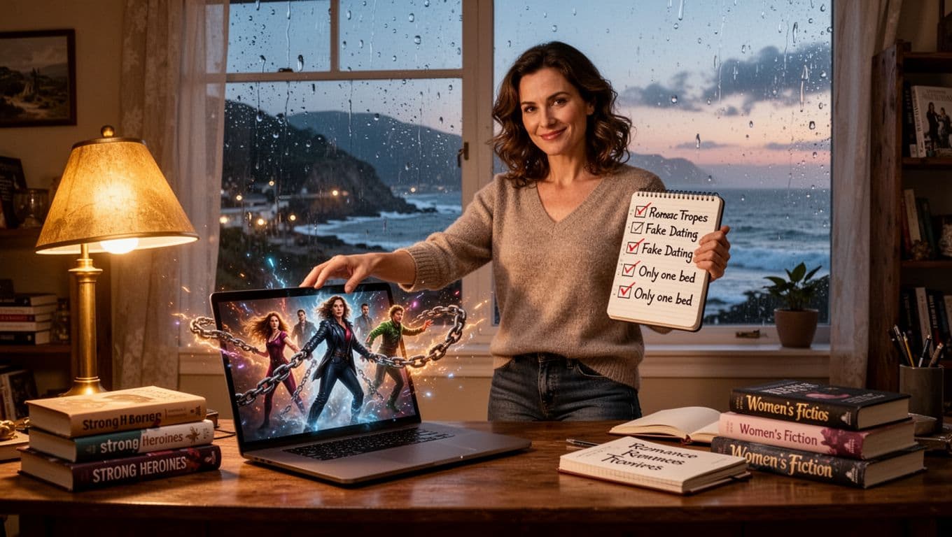 Hyperrealistic cinematic image of a confident mid-30s female writer standing triumphantly in a cozy home office at dusk, with characters breaking free from trope chains on her laptop screen and a notebook listing crossed-out romance tropes, warmed by golden lamp light and a rainy coastal window view.