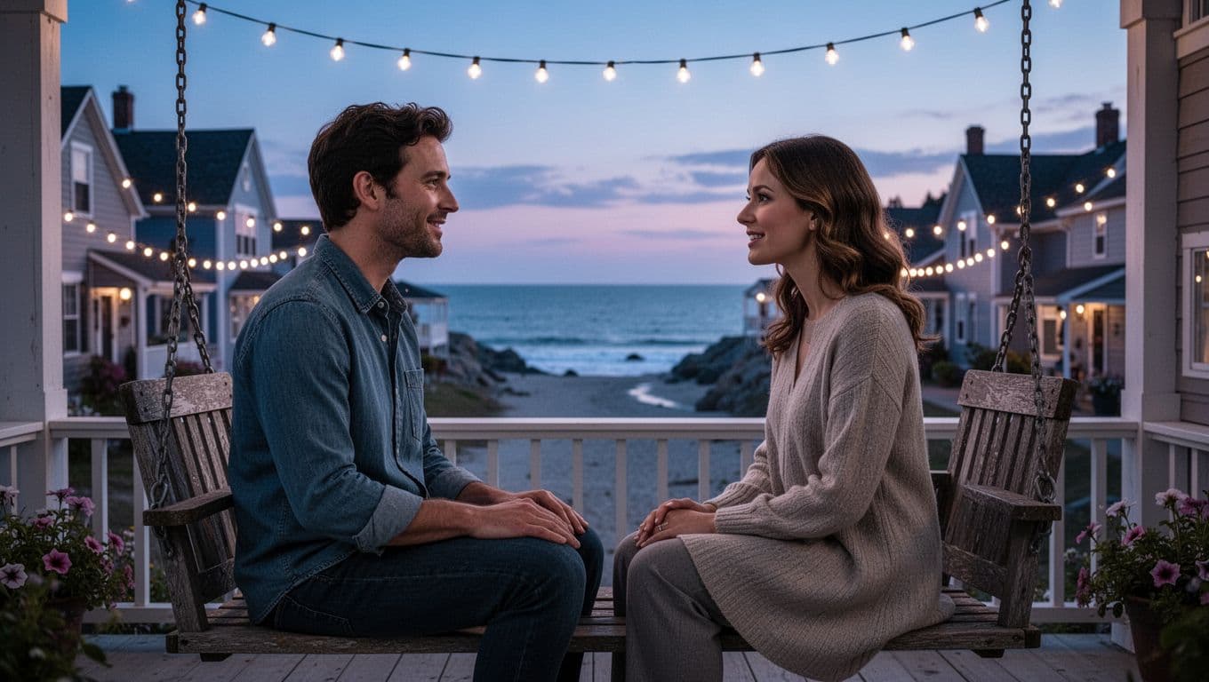 Hyperrealistic photorealistic image of a couple sitting close on a porch swing in a coastal village at twilight, facing each other with gentle smiles and eye contact, conveying emotional safety, trust, and clear consent.