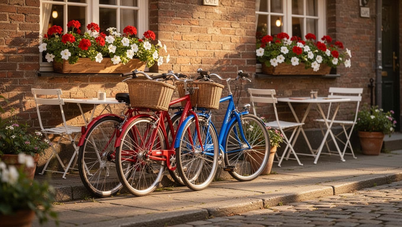 Hyperrealistic scene of a red and blue bicycle leaning together against a brick wall outside a quaint cafe on a sunny morning, with cobblestone sidewalk, flower boxes of geraniums and petunias, and soft golden sunlight.