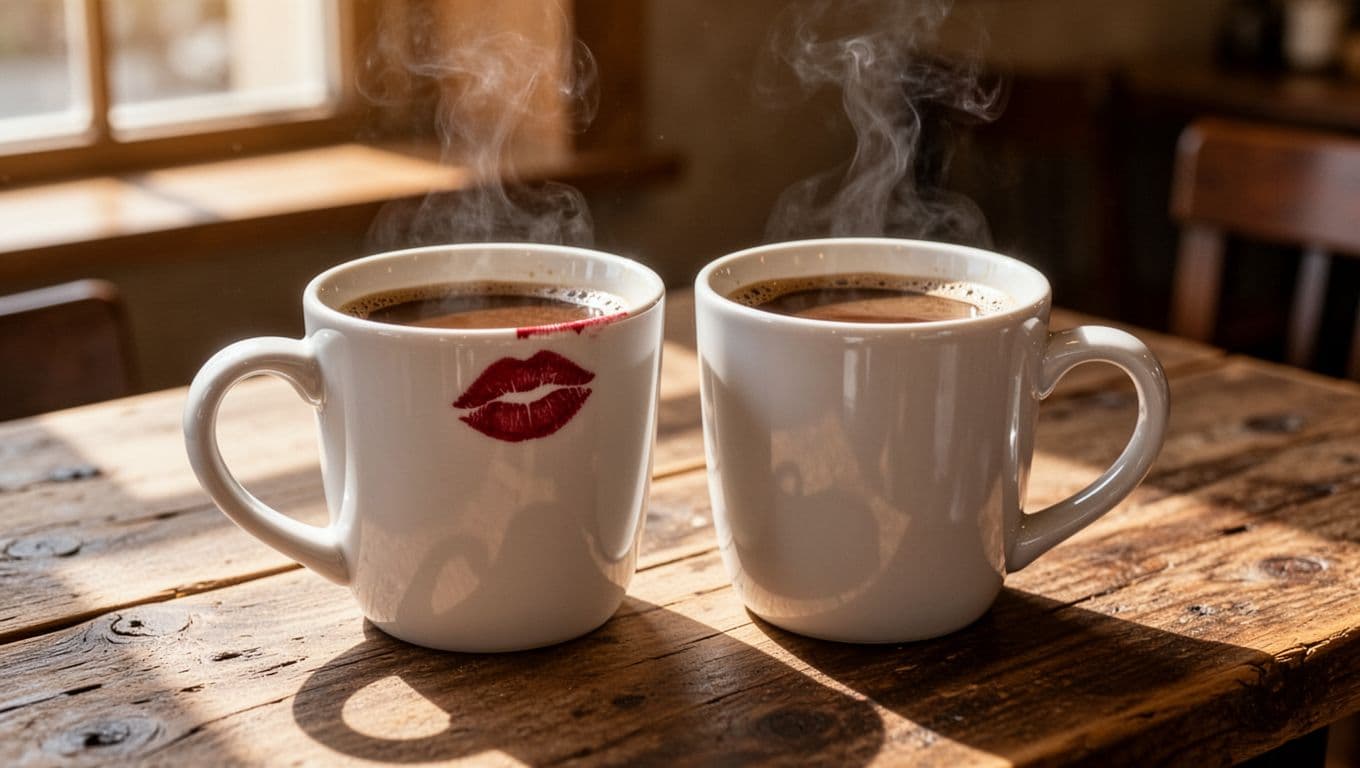 Hyperrealistic close-up of two white porcelain coffee mugs on a rustic wooden table, one with a fresh red lipstick mark on the rim and steam rising from hot coffee, in soft morning sunlight.