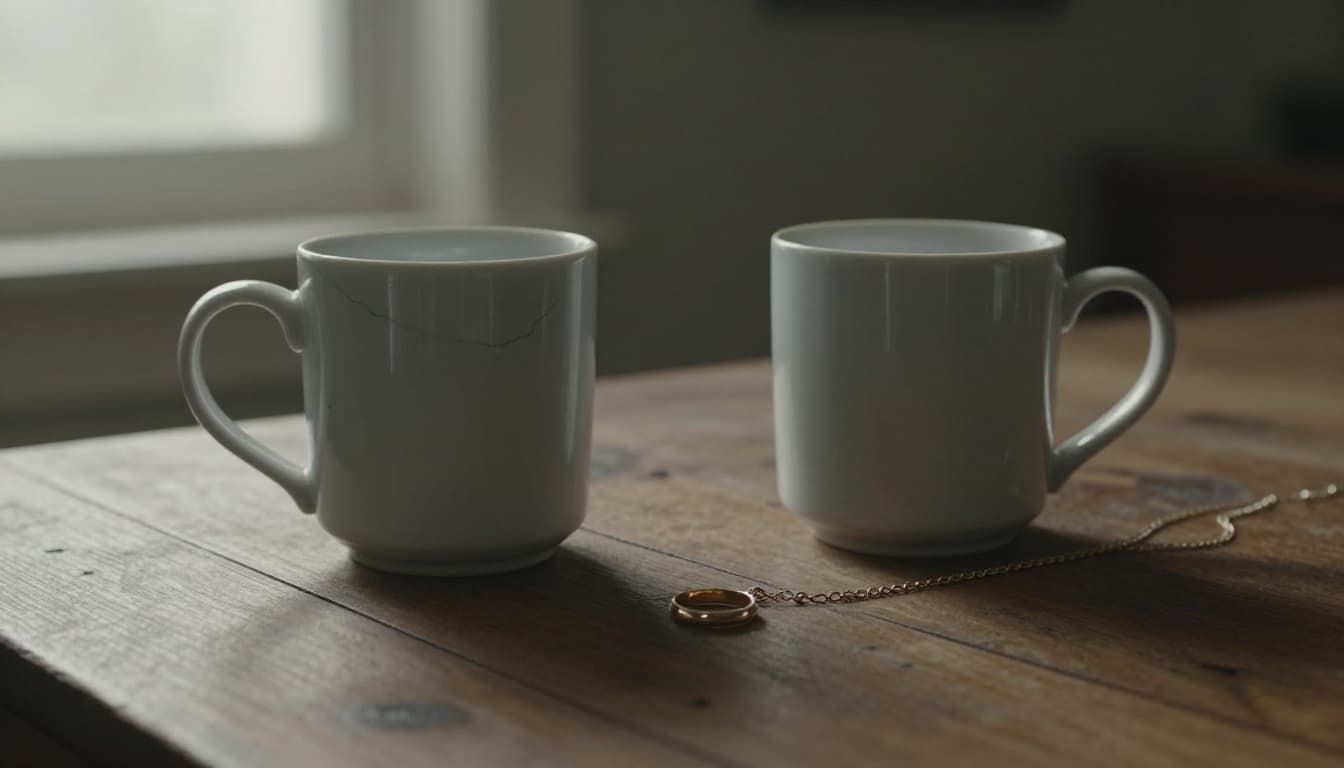 Hyperrealistic cinematic still life featuring two empty ceramic mugs spaced apart on a rustic wooden table, with a delicate gold wedding ring on a chain necklace nearby, bathed in morning light with soft shadows evoking subtle emotional distance.