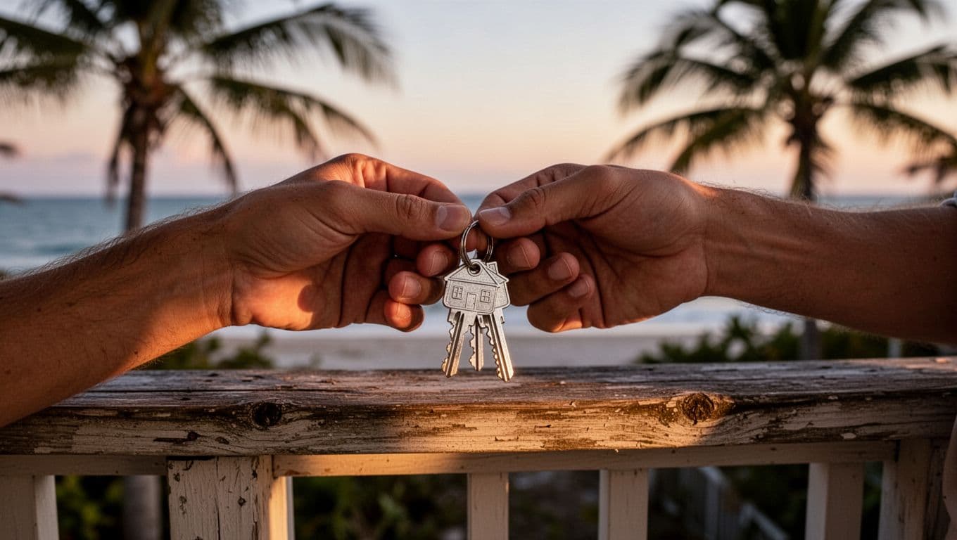 Hyperrealistic cinematic image of two hands gently holding silver house keys over a weathered wooden porch rail at dusk, with blurred coastal ocean horizon and palm trees in golden hour light, conveying an intimate hopeful mood.