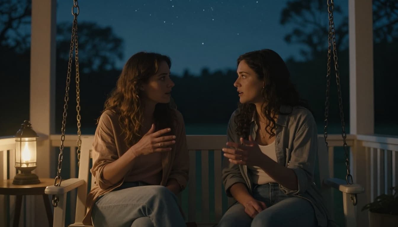 Hyperrealistic cinematic image of two women sharing a deep, supportive conversation on a porch swing at twilight, with warm lantern light, starry sky, and trees in the background.
