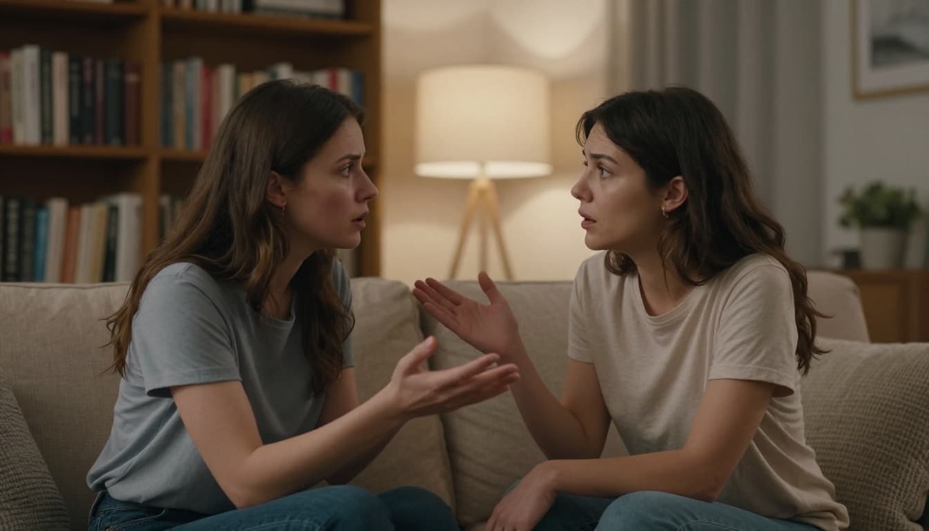 Hyperrealistic cinematic image of two women in a cozy living room sharing an honest conversation during a conflict, one gesturing with hands while the other listens intently, expressions of vulnerability, empathy, boundaries, and forgiveness in warm soft lamp light with bookshelf background.