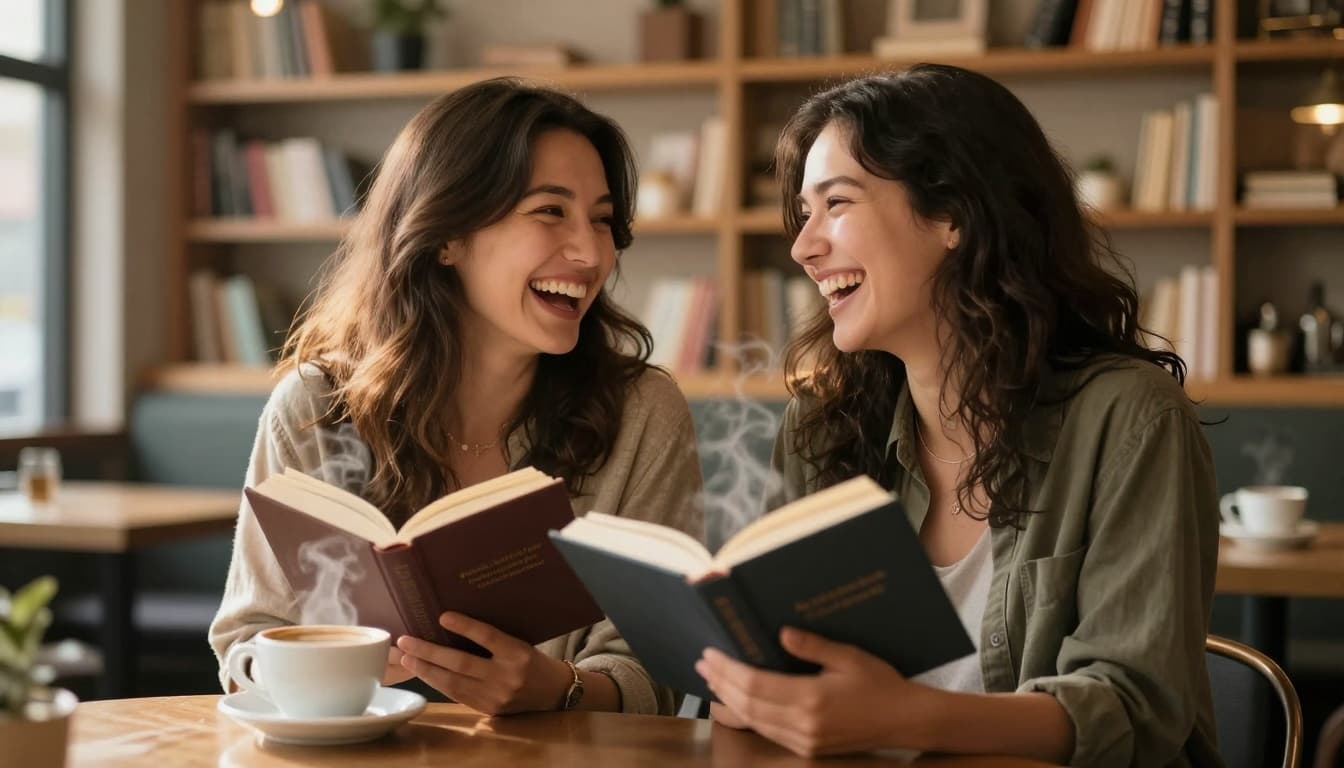 Two women laughing together in a warm coffee shop interior, holding books with steam rising from coffee cups and bookshelves in the background, evoking a joyful friendship vibe.