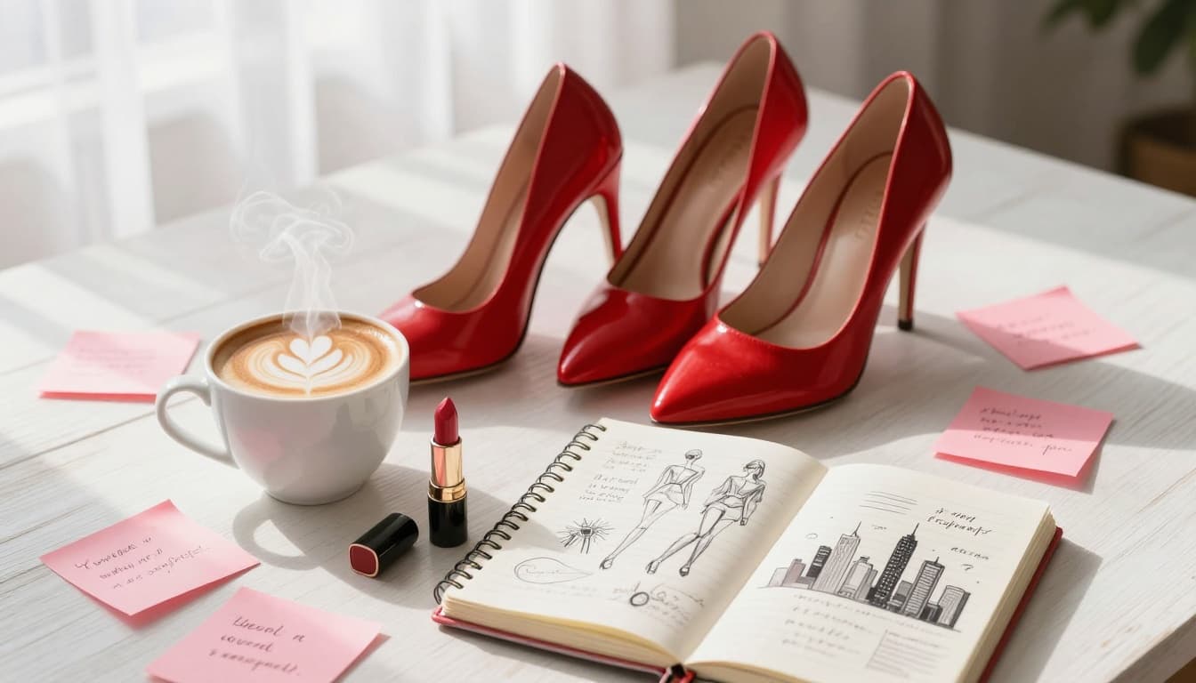 A steaming latte with heart latte art, playfully crossed red high-heeled shoes, uncapped red lipstick tube, open notebook with fashion sketches and city skyline doodle, pink sticky notes on a white wooden table in soft morning sunlight.