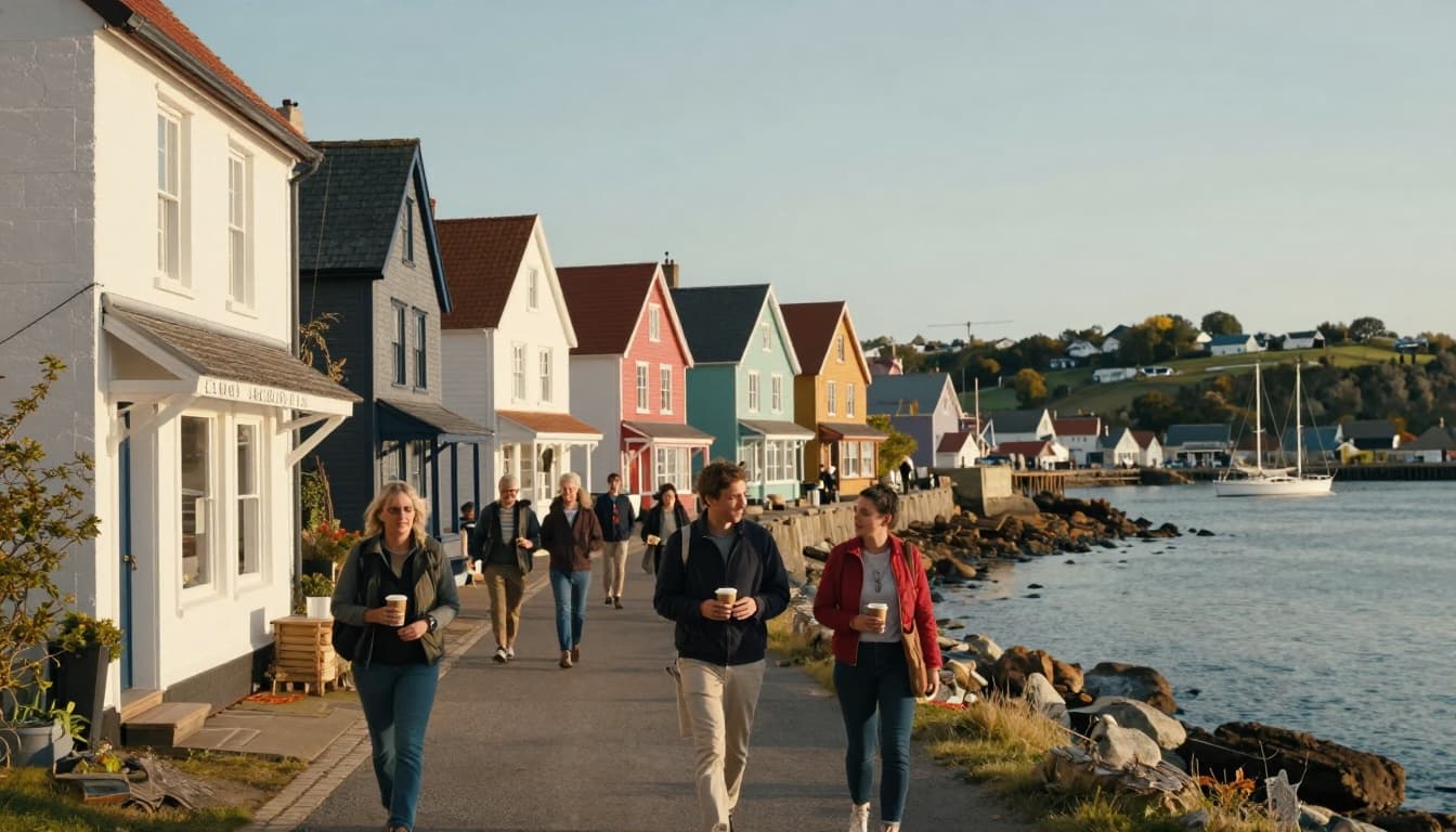 A hyperrealistic depiction of a small coastal town with quaint shops and colorful houses along a sunny harbor, featuring people walking with coffee cups and sailboats in the distance, evoking a warm, inviting community atmosphere.