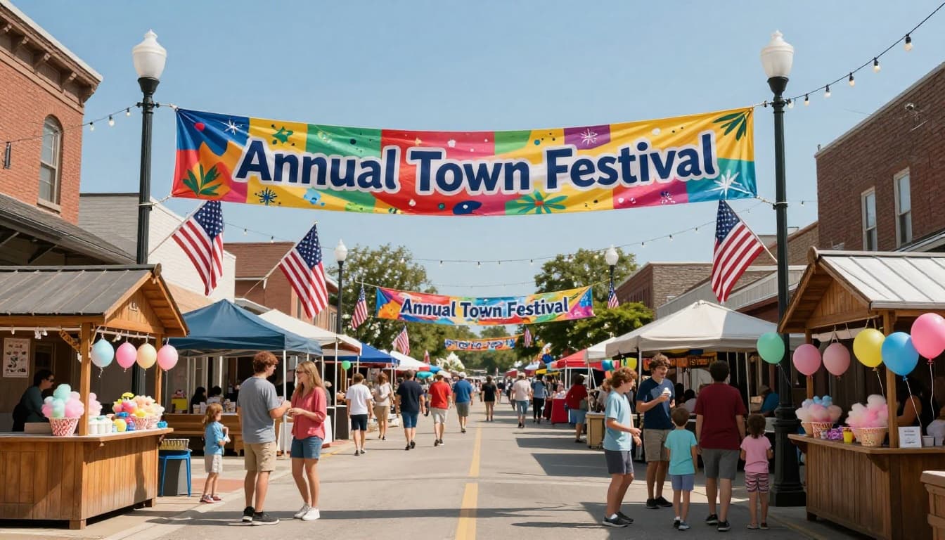 Hyperrealistic scene of a joyful small town festival filling the canvas edge-to-edge, with a large colorful banner reading 'Annual Town Festival' strung between lampposts, wooden booths selling cotton candy, popcorn, and crafts, laughing families, kids with balloons, string lights overhead, waving American flags, under sunny clear weather.