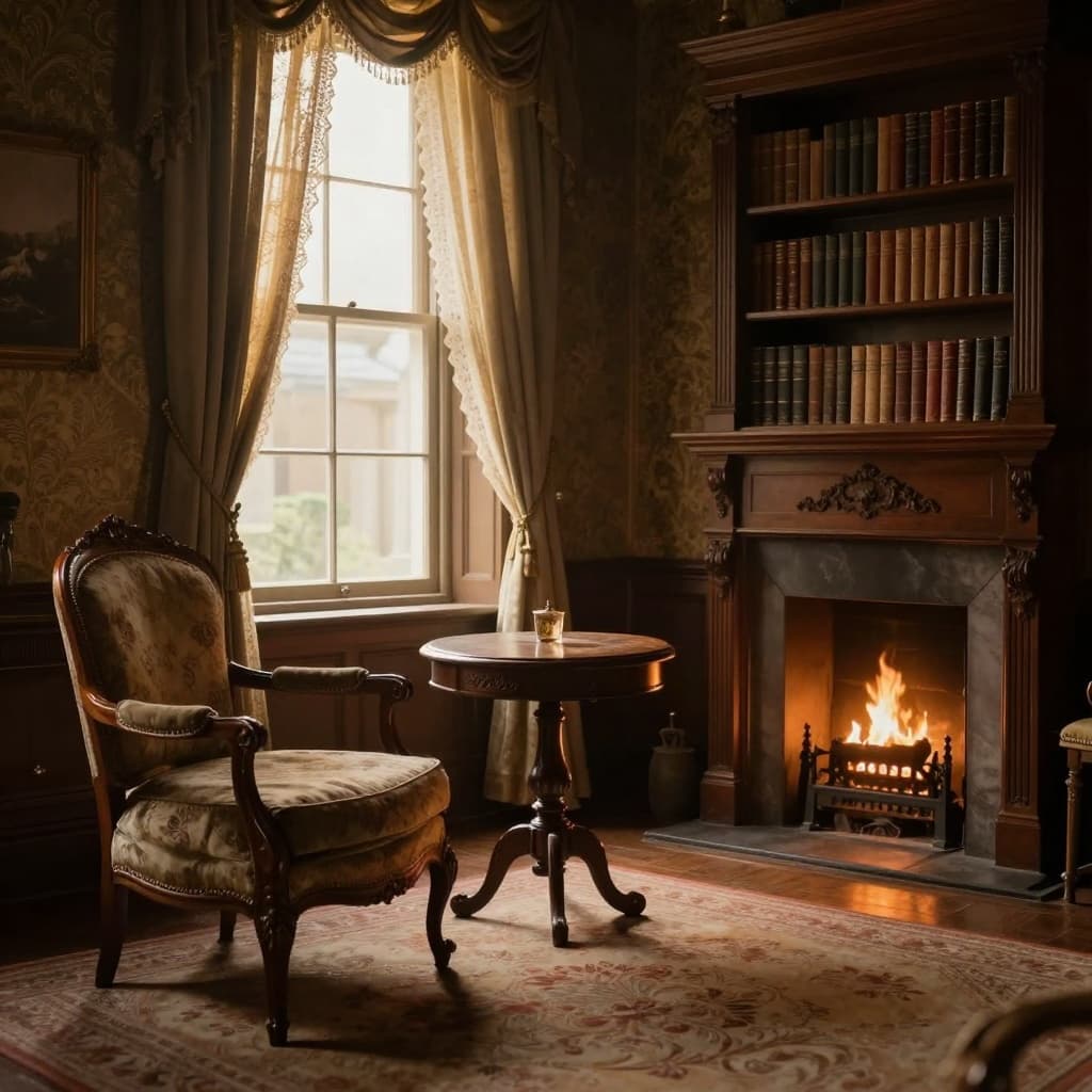 Victorian-style home interior parlor room with ornate wooden furniture, armchair, side table, fireplace with low fire, large window allowing warm golden sunlight, lace curtains, bookshelf with leather books, quiet serene mood, detailed textures, hyperrealistic and photorealistic.