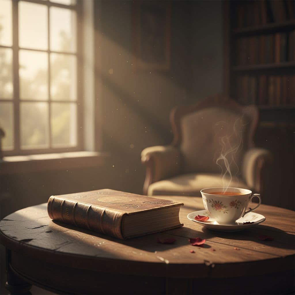 A worn, antique book rests on a textured wooden table surface beside a steaming cup of tea. Soft sunlight filters through a nearby window, casting long shadows across the quiet scene.