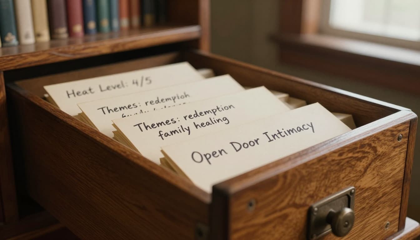 Hyperrealistic image of an old wooden library card catalog drawer slightly pulled out on an oak desk in a quiet vintage library with blurred bookshelves, featuring three cream-colored index cards fanned out showing 'Heat Level: 4/5', 'Themes: redemption family healing', and 'Open Door Intimacy'. Soft diffused natural light illuminates the scene with subtle dust motes, evoking a calm, organized mood.