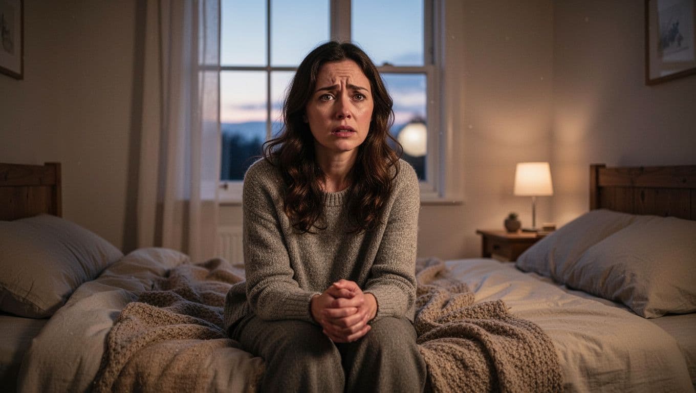 Hyperrealistic, photorealistic cinematic portrait of a woman sitting on a bed in a cozy bedroom, looking vulnerable with a soft expression and hands clasped, illuminated by soft evening light from a window with simple decor.