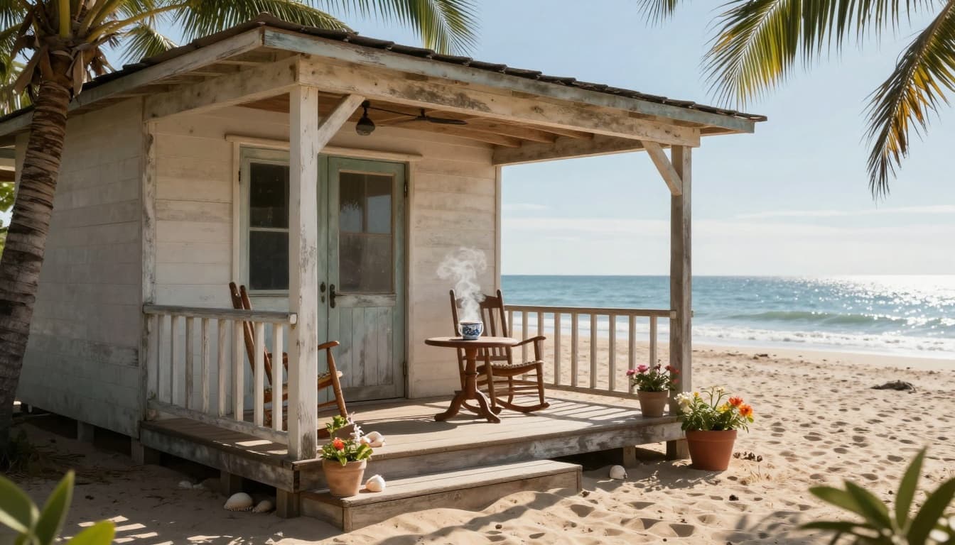 A weathered wooden beach cottage by the ocean shore features a porch with a rocking chair, table holding steaming tea, seashells, and potted flowers under soft morning sunlight.
