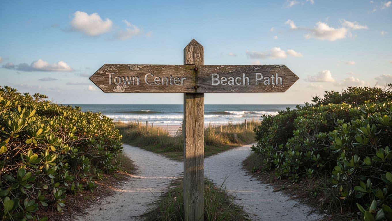 Hyperrealistic photorealistic cinematic landscape image of a weathered wooden signpost at a fork in a quaint coastal town's path, with arrows labeled 'Town Center' and 'Beach Path', surrounded by lush green bushes and distant ocean waves under a blue sky with golden hour light casting long shadows, serene and empty.
