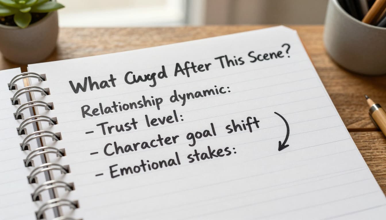 Hyperrealistic close-up of an open ruled spiral notebook page on a textured wooden desk, featuring prominent handwritten title 'What Changed After This Scene?' and bullet points on relationship dynamic, trust level, character goal shift, and emotional stakes, with blurred cozy home office background.