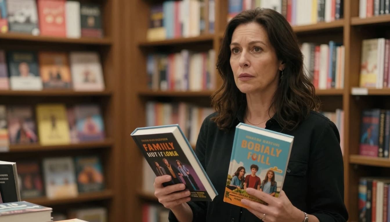 A woman in her 40s stands in a cozy bookstore aisle, holding two books with colorful covers about family drama and teen adventures, surrounded by shelves of novels in soft lighting and warm atmosphere.