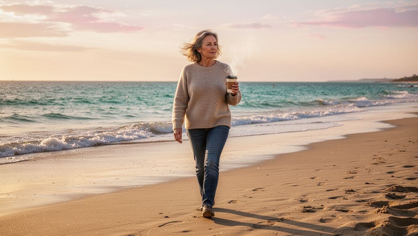 Hyperrealistic image of a middle-aged woman walking slowly along a sandy coastal beach at sunrise, holding a steaming takeaway coffee cup with a peaceful, reflective mood.