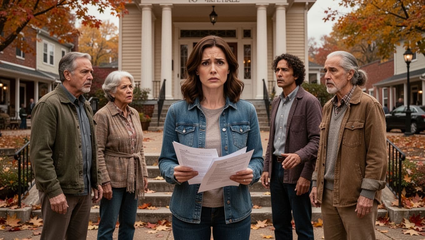 Hyperrealistic, photorealistic cinematic scene of a woman on town hall steps facing concerned neighbors during a career pivot decision, holding documents with supportive partner nearby, autumn leaves in cozy town square.