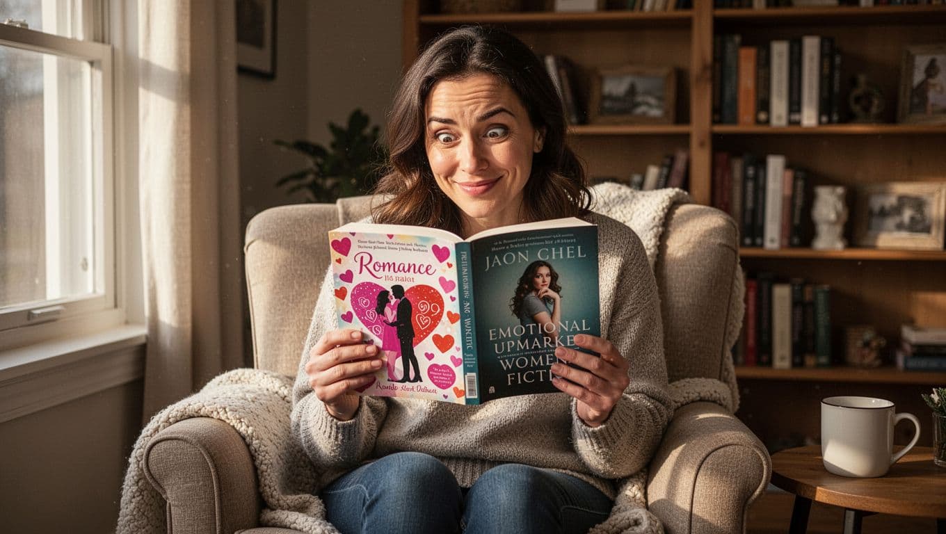 Hyperrealistic cinematic landscape of a woman in her 30s in a cozy armchair by a window, holding and comparing a bright romance book with heart motifs and a subtle women's fiction cover featuring a thoughtful woman, with an intrigued smile and raised eyebrow, morning light, bookshelf, and coffee mug.