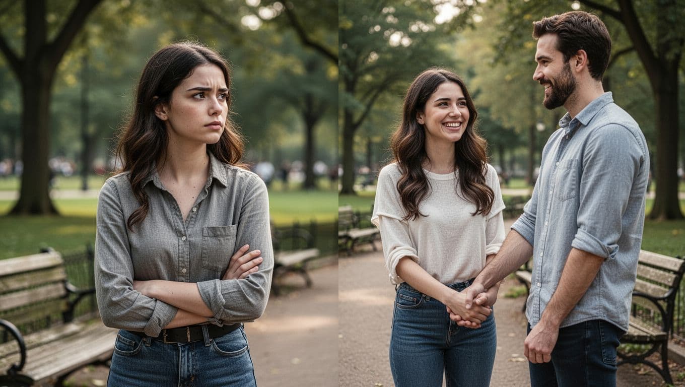 Hyperrealistic split-scene image showing a young woman transitioning from a guarded, distrustful pose alone in a park to smiling and relaxed while holding hands with her partner in the same setting.