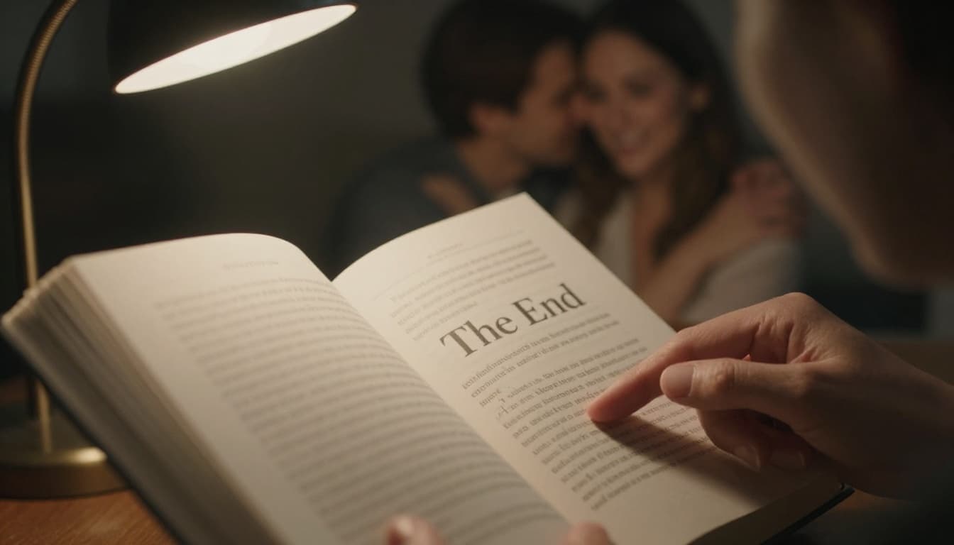 Hyperrealistic close-up of a woman's hand turning a book page to the final chapter under a warm reading lamp, with soft focus on a blurred happy ending embrace in the background.