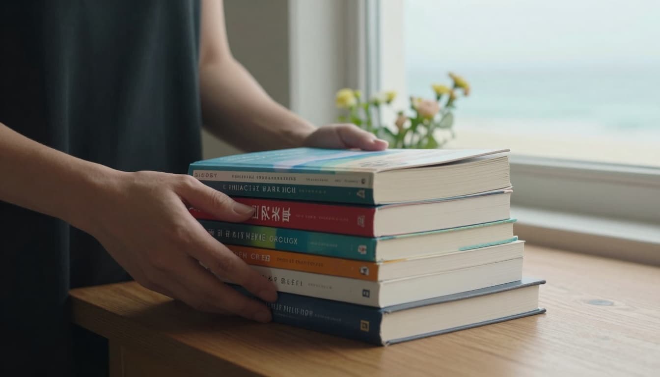 Close-up of a woman's hands holding several colorful paperback books with beachy covers, stacked on a wooden table by a window with an ocean view, bathed in soft natural light with fresh flowers nearby.