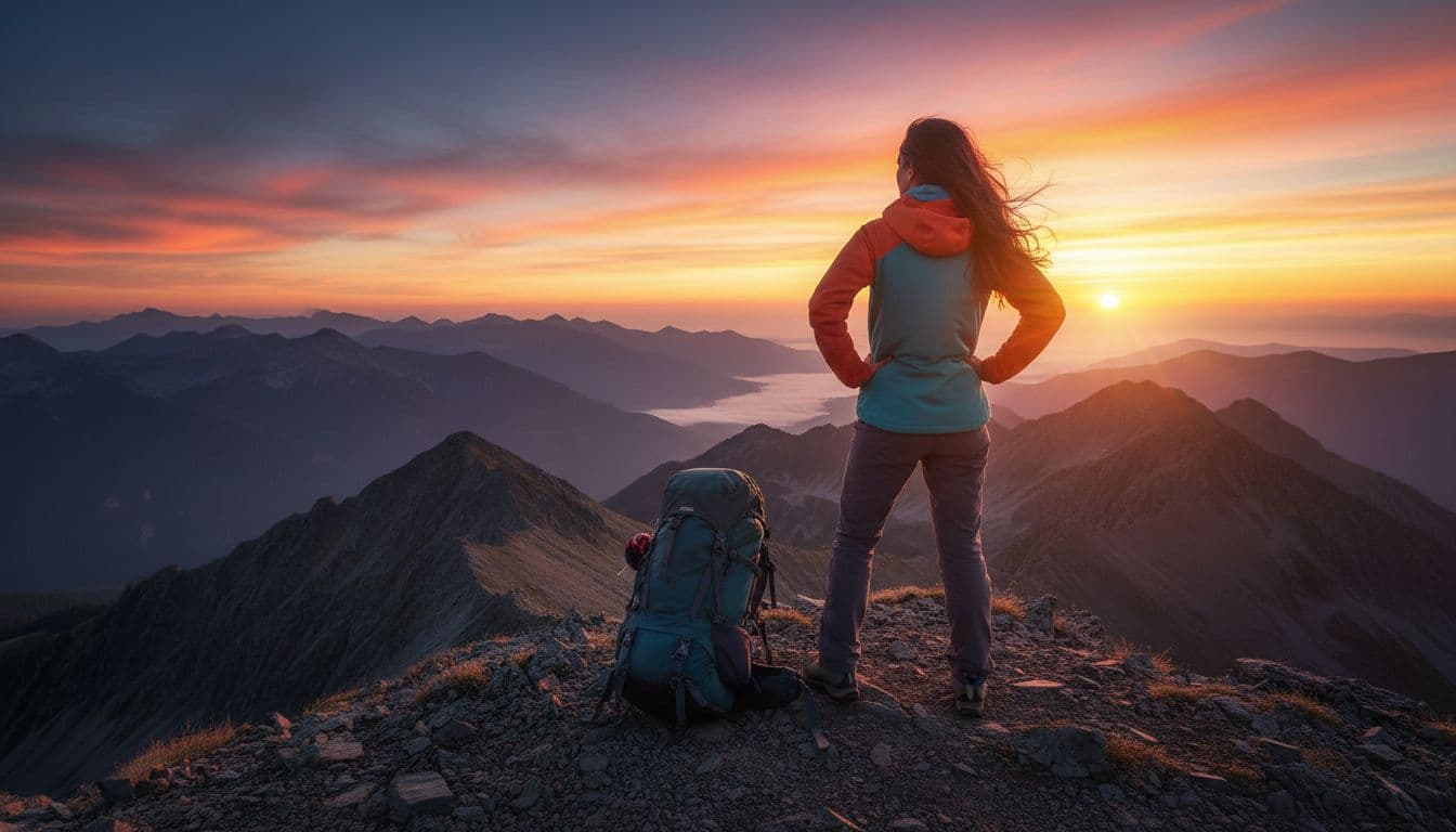 A woman in hiking gear stands triumphantly on a mountain summit at sunrise, backpack beside her, wind in her hair, overlooking a vast landscape, capturing feelings of accomplishment and freedom in hyperrealistic cinematic style.