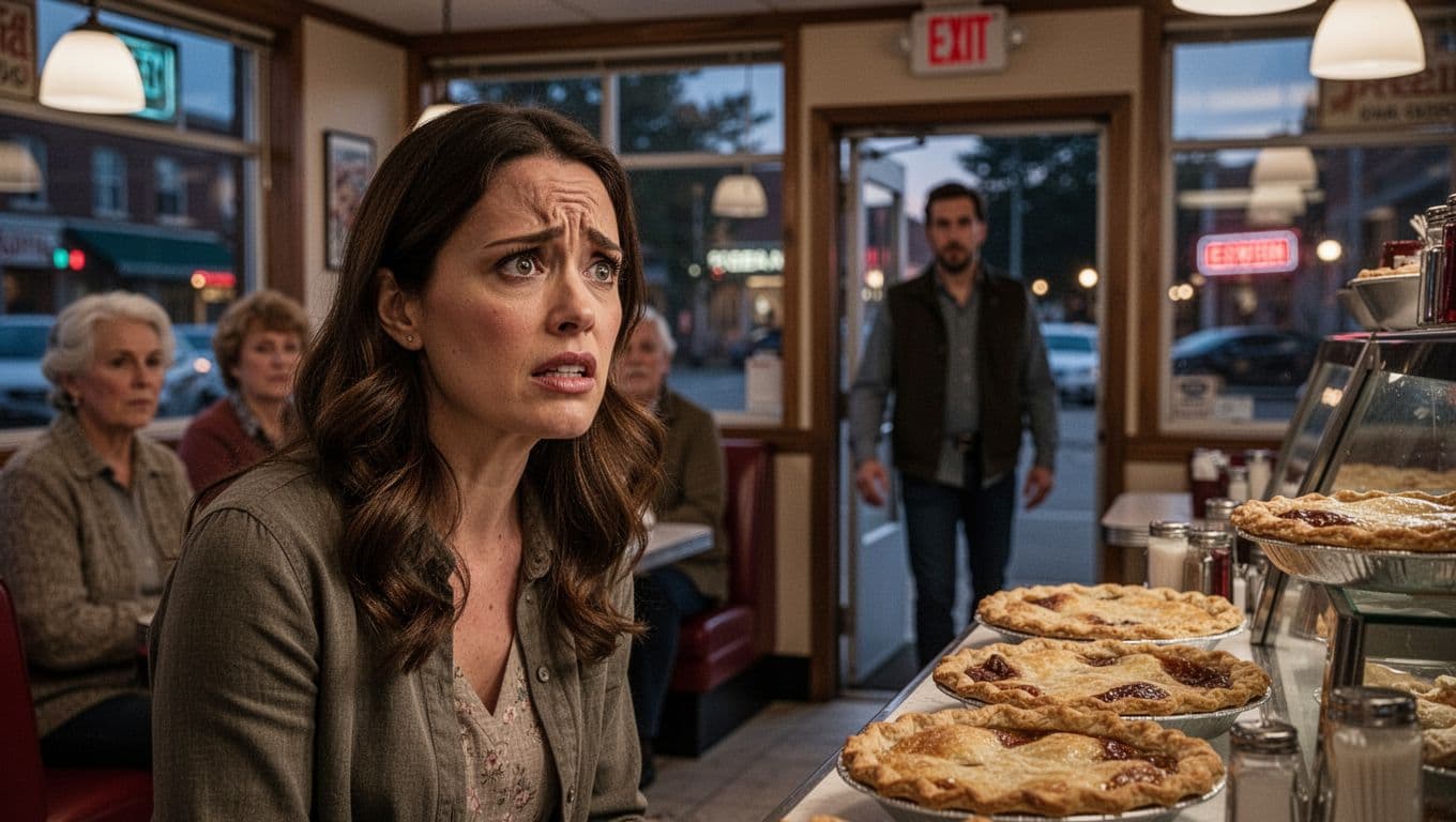 Hyperrealistic cinematic landscape of a woman in a cozy small town diner, her face mixing embarrassment and desire while overhearing locals gossip about her and a man entering the door in the background, with evening light and pies on the counter.
