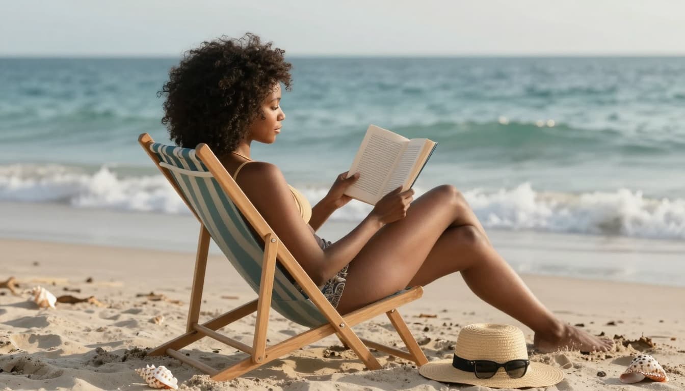 Hyperrealistic cinematic scene of a woman relaxing on a beach chair, reading a paperback book with ocean horizon, gentle waves, seashells, floppy hat, and sunglasses nearby in soft afternoon light.