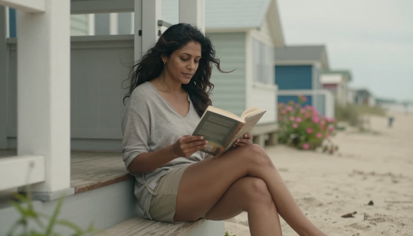 Hyperrealistic, photorealistic image of a woman in her 40s sitting relaxed on beach cottage steps, reading a book with ocean breeze ruffling pages and hair, cozy Seabrook Island vibe, soft light, peaceful mood.
