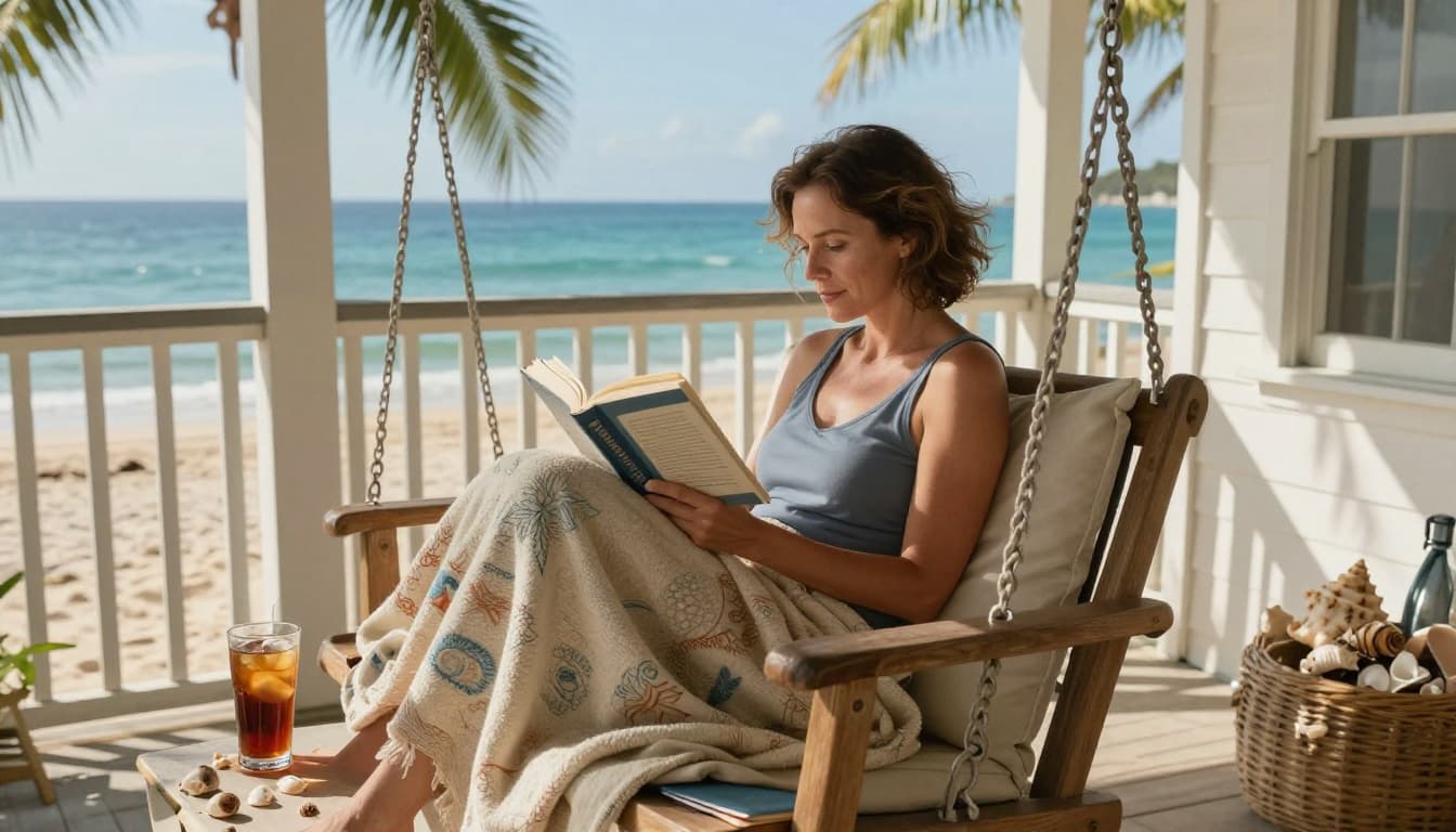 Hyperrealistic cinematic image of a woman in her 40s curled up reading a paperback book on a cozy beach cottage porch swing during a sunny afternoon, with iced tea, ocean view, seashells, and a comfortable blanket.