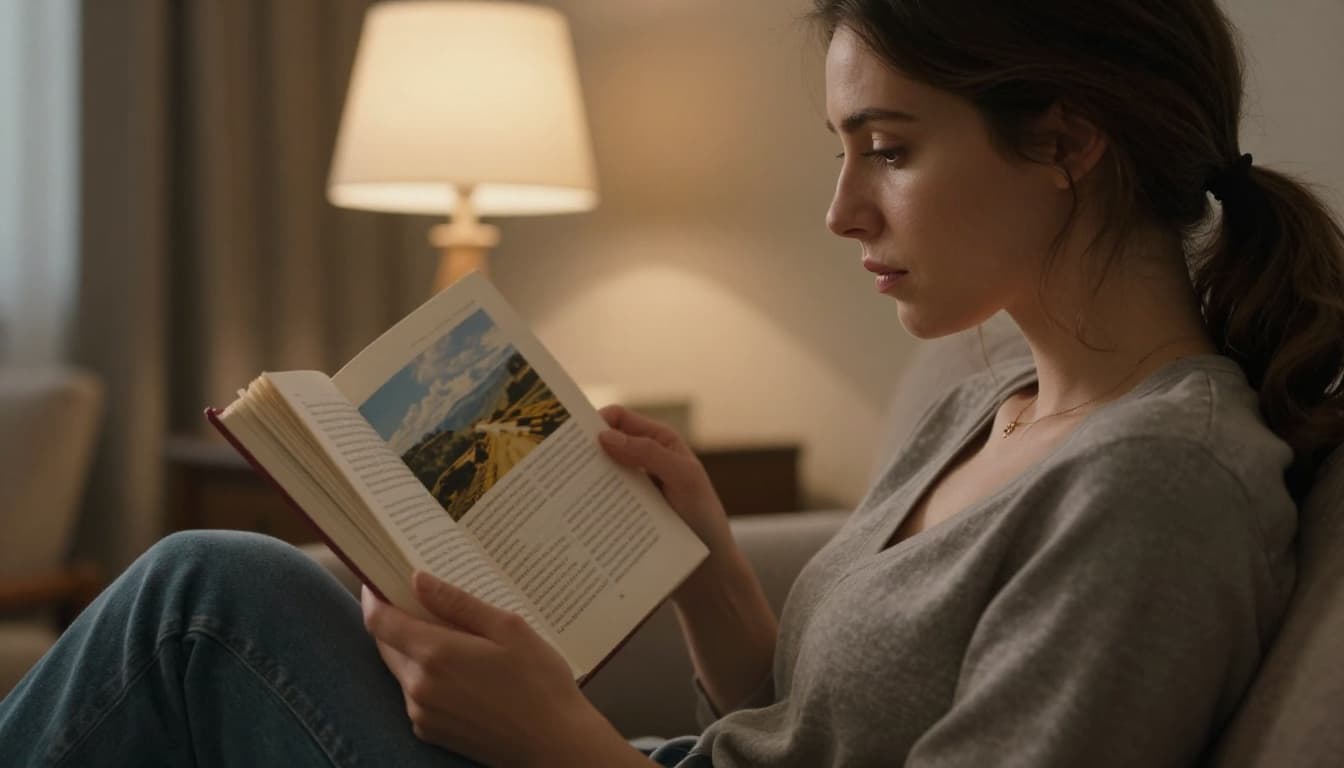 Hyperrealistic closeup of a woman with a focused expression reading the opening pages of a book under warm lamp light in a cozy armchair.